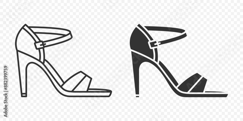 Flat Vector Linear and Silhouette High-heeled Sandals Icon Set Isolated. Footwear Symbol Set, Design Template, Clipart. Vector Illustration