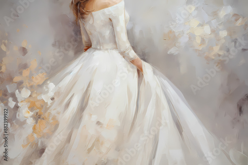 Bride in a wedding dress. Oil painting in impressionism style. Horizontal composition.