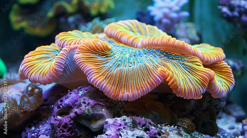 Obraz premium The Ricordea mushroom coral is a stunning addition to saltwater reef aquariums, renowned for its mesmerizing beauty.