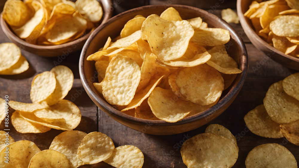 A homemade bowl of potato chips. Generative AI A homemade bowl of potato chips. Generative AI