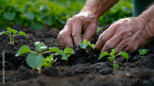 Close-up of a gardener’s hands planting a seedling in rich soil, emphasizing growth, nature, and sustainability.