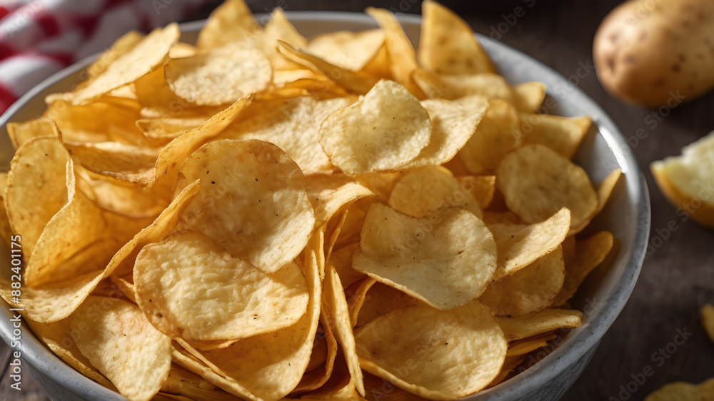 A homemade bowl of potato chips. Generative AI A homemade bowl of potato chips. Generative AI