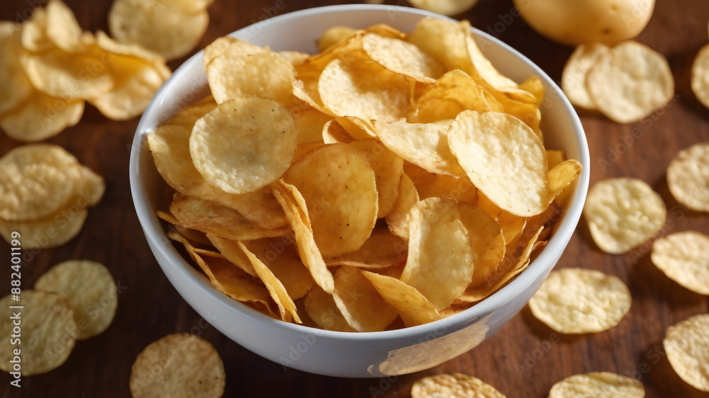 A homemade bowl of potato chips. Generative AI A homemade bowl of potato chips. Generative AI