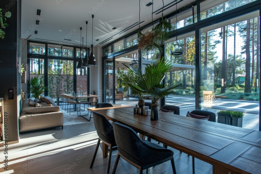 Modern home with spacious dining area by forest view Modern home with spacious dining area by forest view