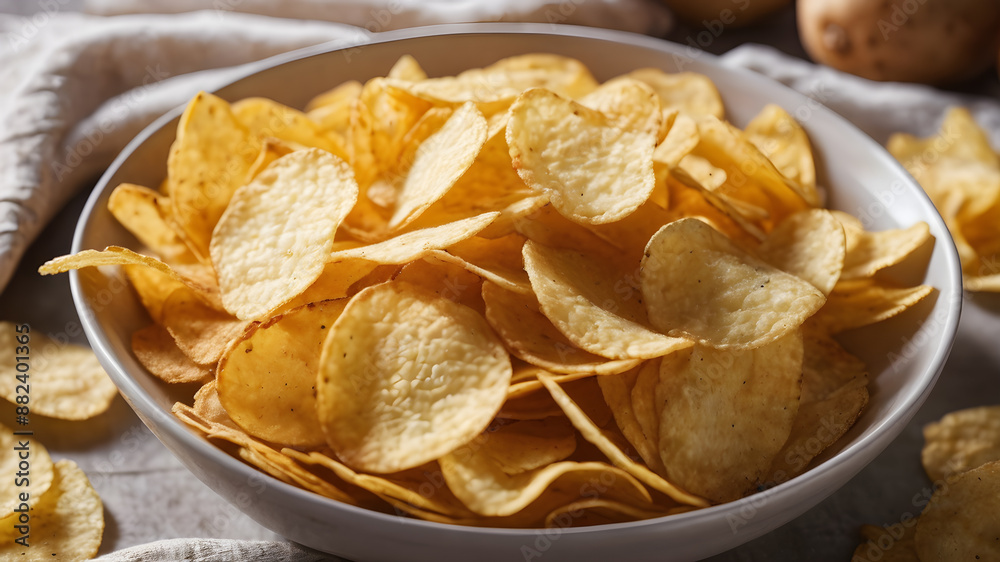 A homemade bowl of potato chips. Generative AI A homemade bowl of potato chips. Generative AI