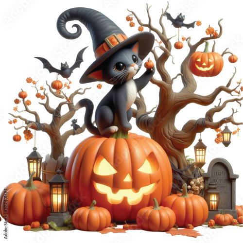 Halloween cat witch tree Watercolor Clipart