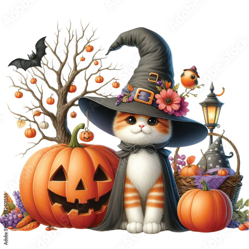 Halloween cat witch tree Watercolor Clipart
