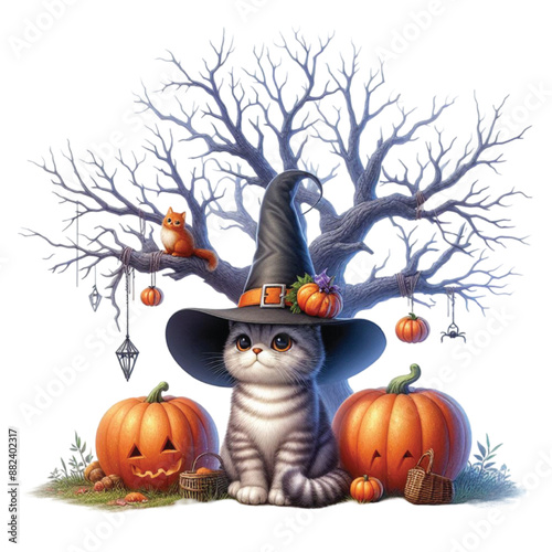 Halloween cat witch tree Watercolor Clipart