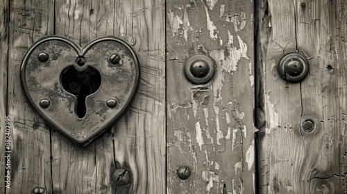 Antique door with heart shaped lock keyhole and handle vintage black and white photo symbolizing open heartedness love kindness and heritage photo