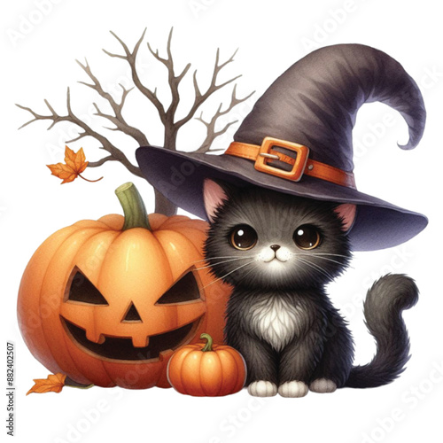 Halloween cat witch tree Watercolor Clipart