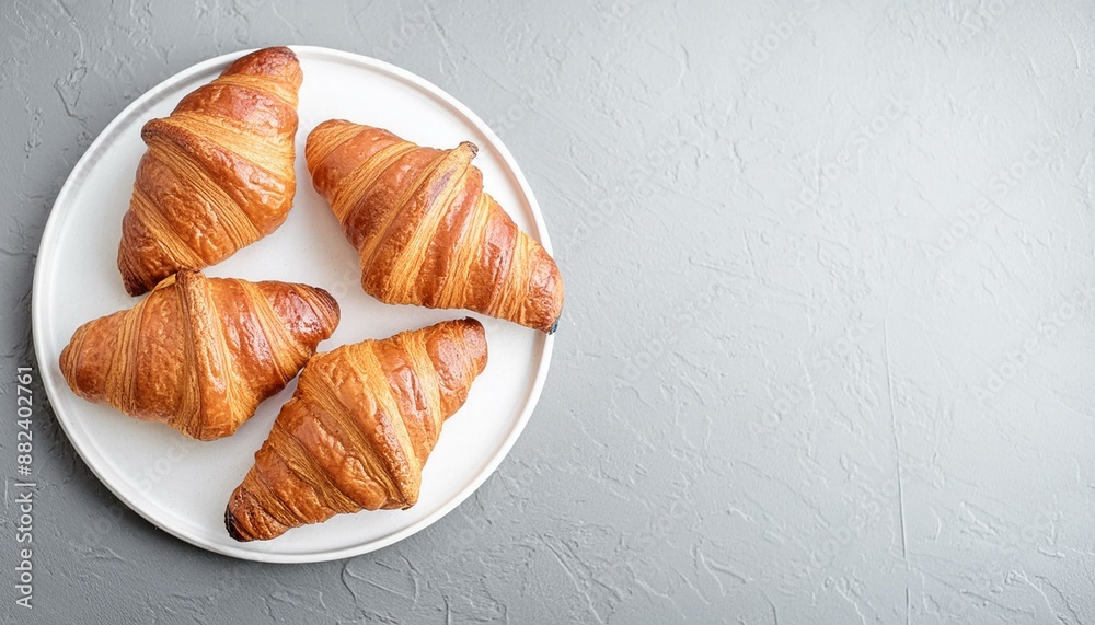 Top view composition with appetizing freshly baked crusty croissants served dark background Top view composition with appetizing freshly baked crusty croissants served dark background