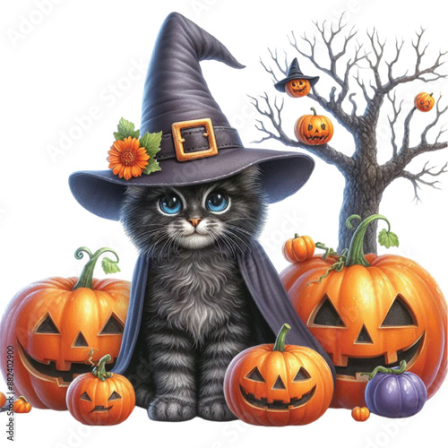 Halloween cat witch tree Watercolor Clipart