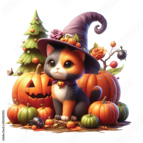 Halloween cat witch tree Watercolor Clipart