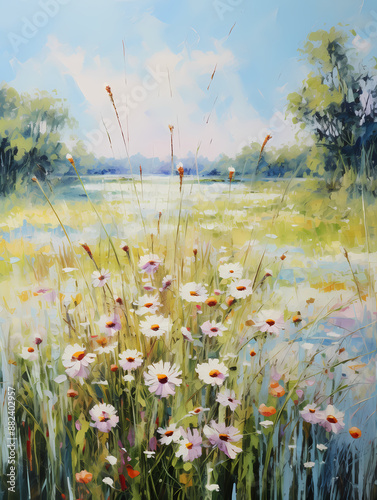 Landscape with beautiful wildflowers. Oil painting in impressionism style. Vertical composition.