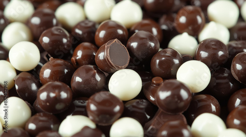 a scene featuring dark, white, and medium dark chocolate drops as a background