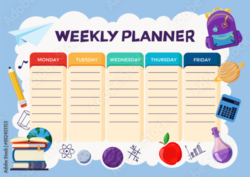 School Timetable poster template with sticker notes for subjects. Weekly planner or daily timetable of the week. Schedule organizer with popular school stuff and symbols. Vector Illustration.