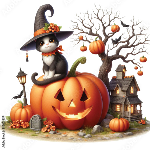 Halloween cat witch tree Watercolor Clipart