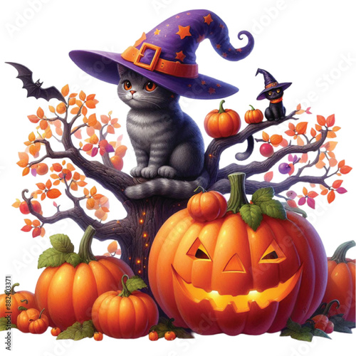 Halloween cat witch tree Watercolor Clipart