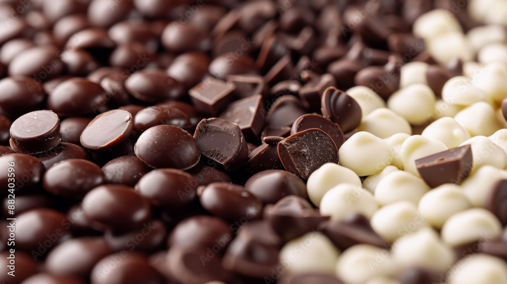 a scene featuring dark, white, and medium dark chocolate drops as a background a scene featuring dark, white, and medium dark chocolate drops as a background
