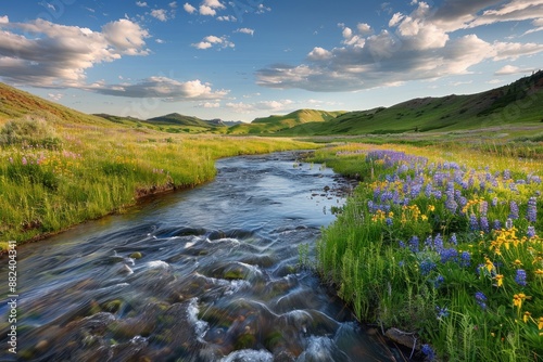 Mountain Stream Flowing Through Wildflower Meadow