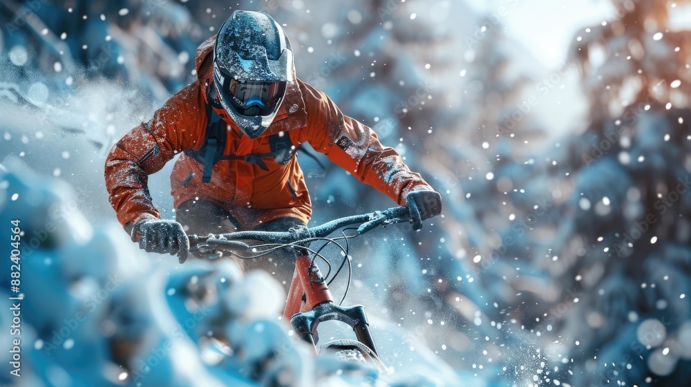 Extreme Mountain Biker Conquers Snowy Trail in Winter Action Shot