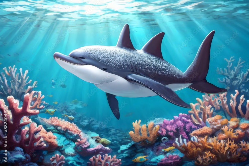 A Realistic 3D Journey into the Vibrant World of Dolphins and Marine Life, Featuring the Majestic Beauty of the Great Barrier Reef, Dolphins Gliding Gracefully Through Crystal Clear Waters, Coral Gard A Realistic 3D Journey into the Vibrant World of Dolphins and Marine Life, Featuring the Majestic Beauty of the Great Barrier Reef, Dolphins Gliding Gracefully Through Crystal Clear Waters, Coral Gard