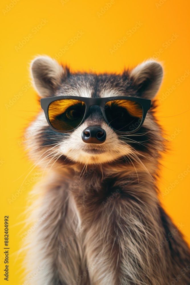 Obraz premium Raccoon wears sunglasses on colorful background. Cute animal relaxes with closed eyes, tilted nose. Perfect illustration for summer vibes, eco-friendly lifestyle, tech accessories marketing campaigns.