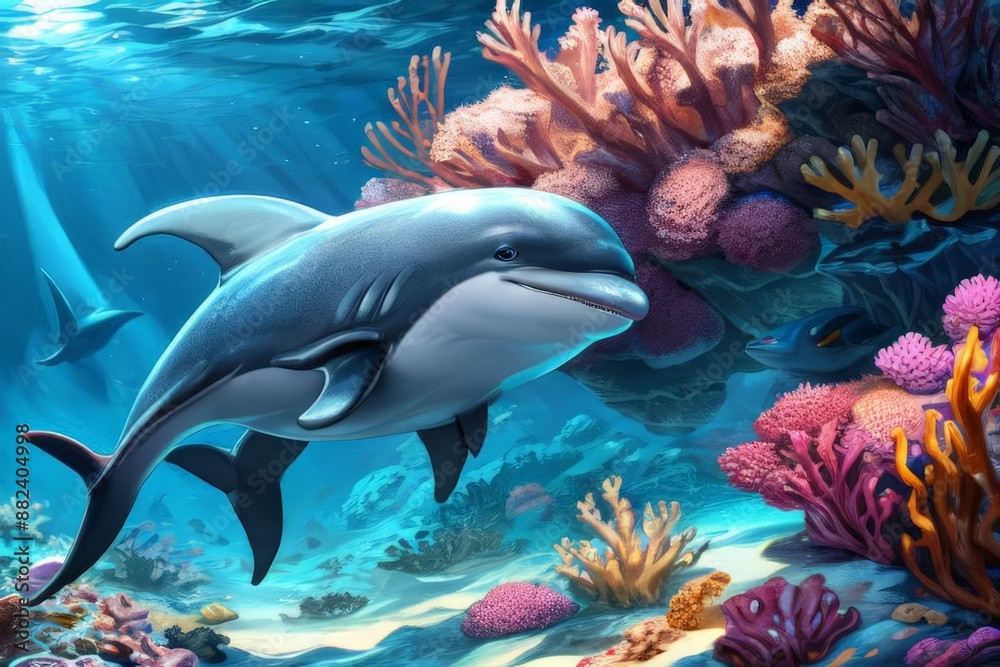 A Realistic 3D Journey into the Vibrant World of Dolphins and Marine Life, Featuring the Majestic Beauty of the Great Barrier Reef, Dolphins Gliding Gracefully Through Crystal Clear Waters, Coral Gard A Realistic 3D Journey into the Vibrant World of Dolphins and Marine Life, Featuring the Majestic Beauty of the Great Barrier Reef, Dolphins Gliding Gracefully Through Crystal Clear Waters, Coral Gard
