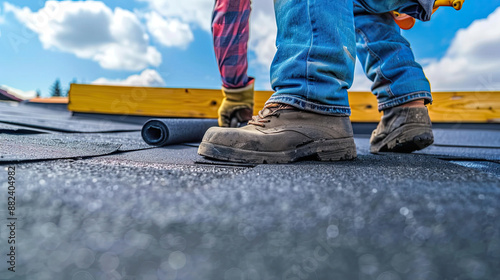 Flat Roof Worker Covering with Roofing Felt: Construction Laborer, Roofer, Roofing Materials, Waterproofing, Home Renovation, Construction Site, Roof Installation, Building Maintenance, Roofing