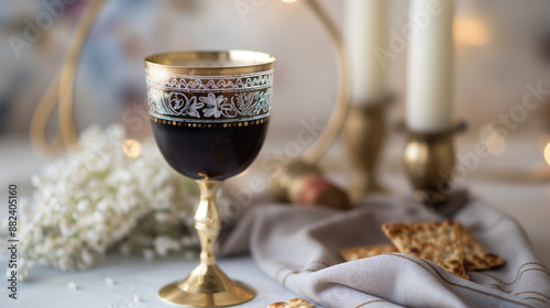 Taça de vinho de Páscoa decorada com símbolos de Matzá para celebração de Pessach photo