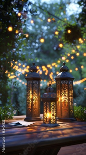 Stock illustration of an Arabic lantern with burning candles, dates, and misbahas against blurred lights. photo