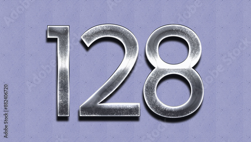 3D Chrome number design of 128 on purple wall.