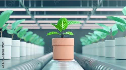 Sustainable business, plants integrating with industrial machinery, flat design illustration, realistic photo, cinematography, hyper realistic photo