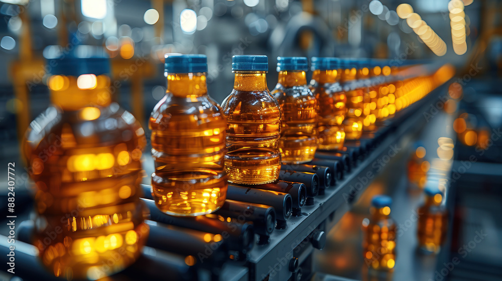 Bottling line sunflower oil, corn oil. Plant for production vegetable oil. Industrial background Bottling line sunflower oil, corn oil. Plant for production vegetable oil. Industrial background