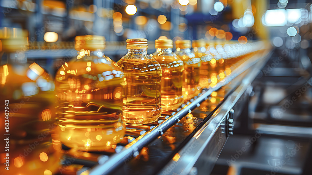 Bottling line sunflower oil, corn oil. Plant for production vegetable oil. Industrial background Bottling line sunflower oil, corn oil. Plant for production vegetable oil. Industrial background