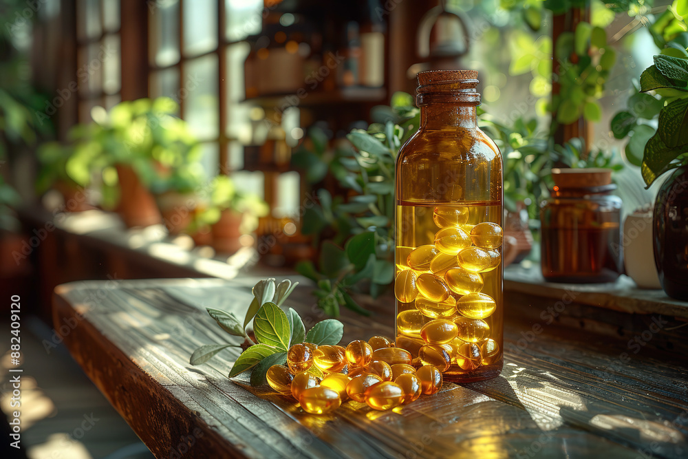 Bottle of olive oil capsules, with few capsules spilled out, set against blurred background