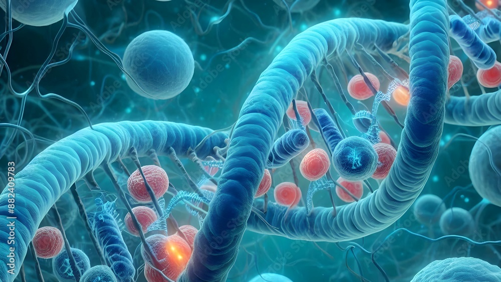 Fototapeta premium DNA strands of red and white blood cells swim in the body