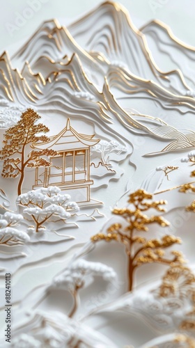 An embroidery craft of a white golden mountain layered with paper art, flow art, and flowart photo