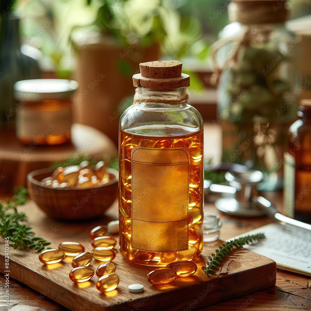 Coconut oil capsules bottle, medical elements like stethoscope doctor's tools, vitamin, supplements
