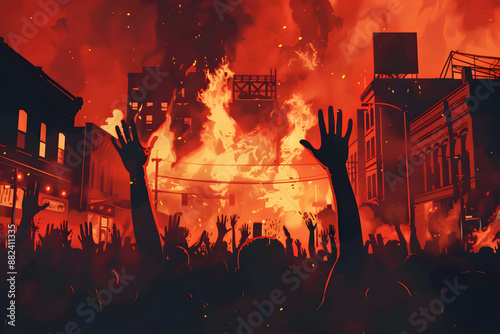 Uprising in Crisis: Protesters with Raised Hands in a City on Fire
