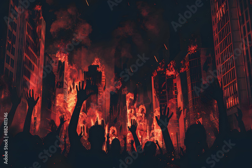 Uprising in Crisis: Protesters with Raised Hands in a City on Fire © Evan