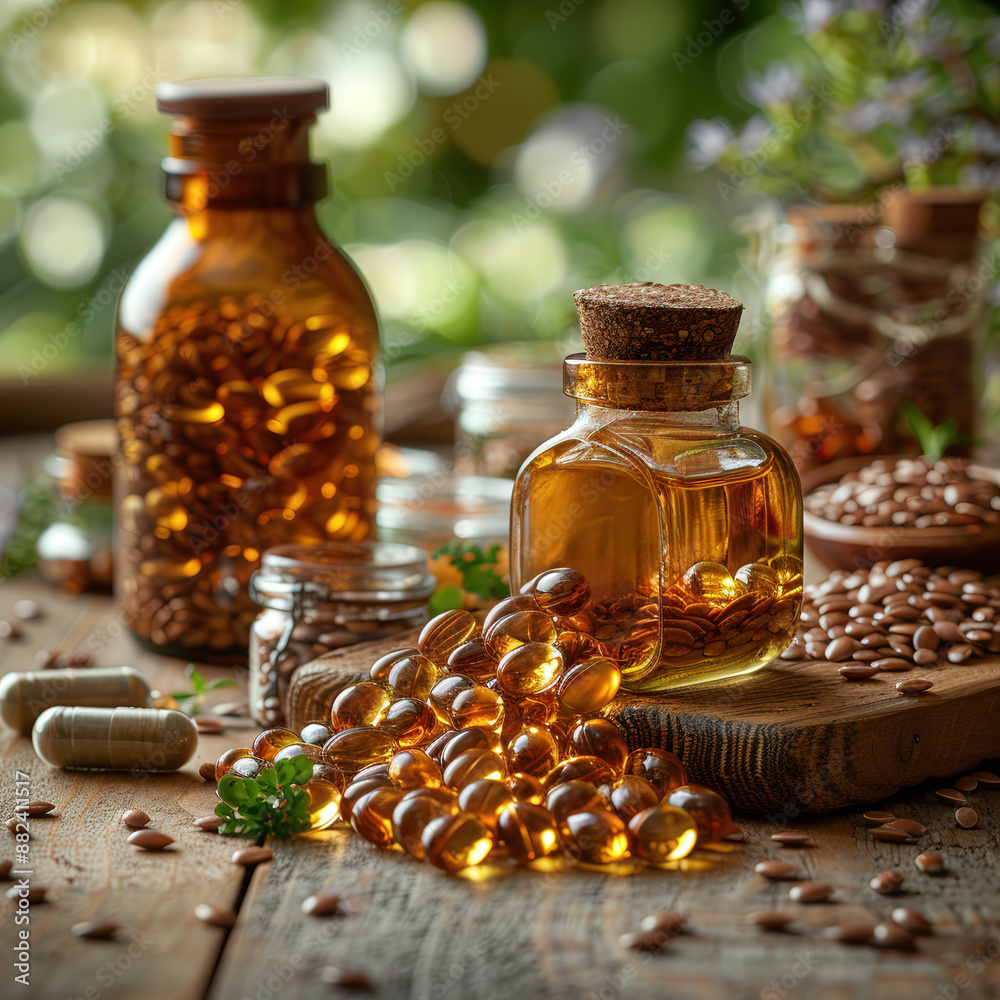 Bottle of oil capsules, with few capsules spilled out, set against blurred , vitamin E, vitamin K Bottle of oil capsules, with few capsules spilled out, set against blurred , vitamin E, vitamin K