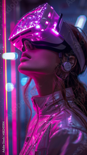 Fashionable woman wearing futuristic VR Mask and trendy dress, on the spaceship background. AI Generative