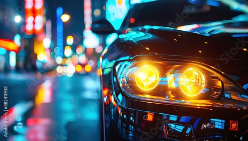 Nighttime Cityscape with Car Headlights
