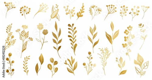 An elegant modern illustration of gold branch leaf elements on a white background. Creative, hand drawn sketch. Elegant design.