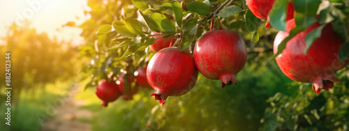 Ripe pomegranates growing on tree branch in orchard