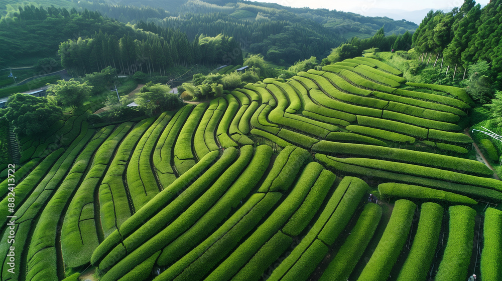 日本の段々茶畑を撮影するドローン 日本の段々茶畑を撮影するドローン
