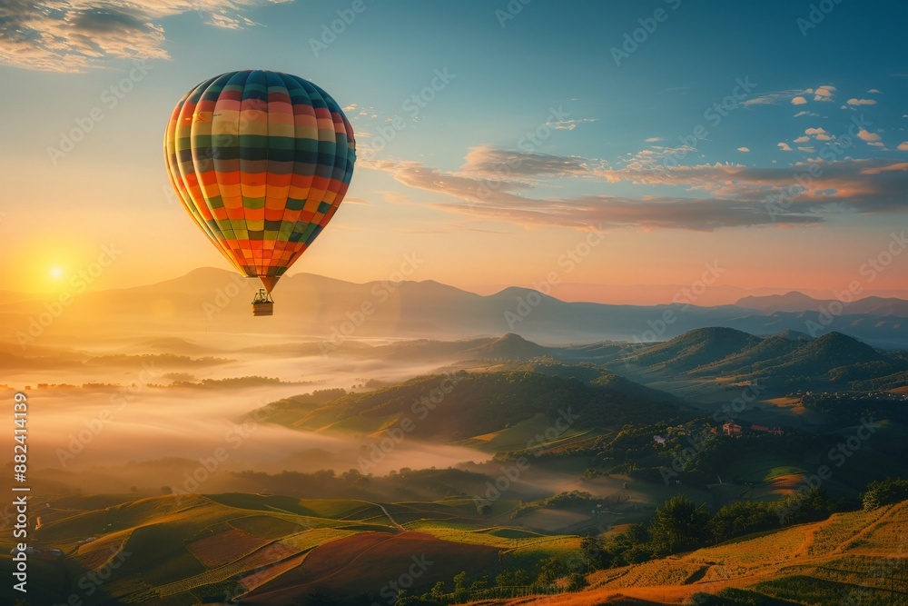 Fototapeta premium Hot Air Balloon Floating at Sunrise Over Hills