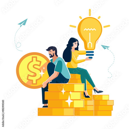 Business concept vector illustration. People with business finance links, investor. Teamwork, guy with a penny, a girl with a light bulb. Search for business ideas.Career growth to success, background