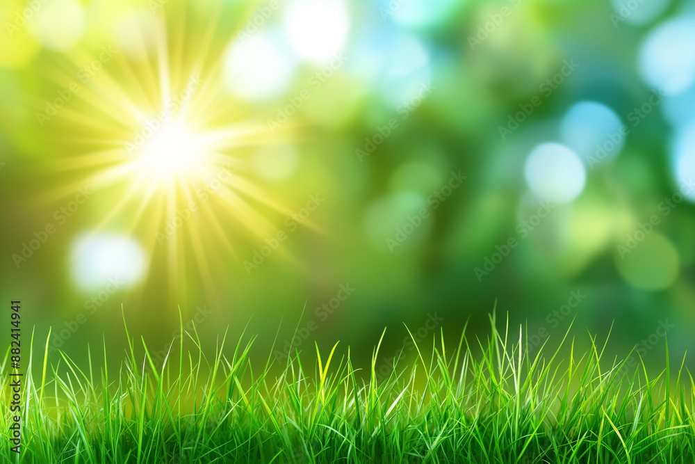 Green Grass and Sunlight with Bokeh Background, Nature Scene for Advertising and Product Display Green Grass and Sunlight with Bokeh Background, Nature Scene for Advertising and Product Display